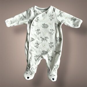 New Baby One-Piece Footed Sleeper in white with Fox Print